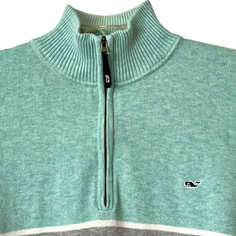 Vineyard Vines 1/4 Zip Stripe Knit Sweater - Aqua/Gray Stripe - XL - Picture 5 of 10